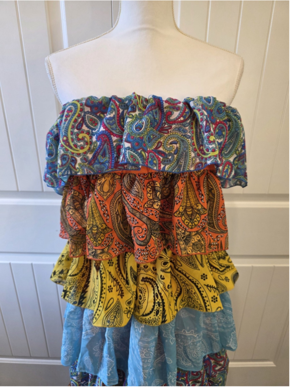 PrettyLittleThing Tiered Ruffle Maxi Dress Paisley Colorblock Boho Festival Sz 6 - Picture 5 of 10